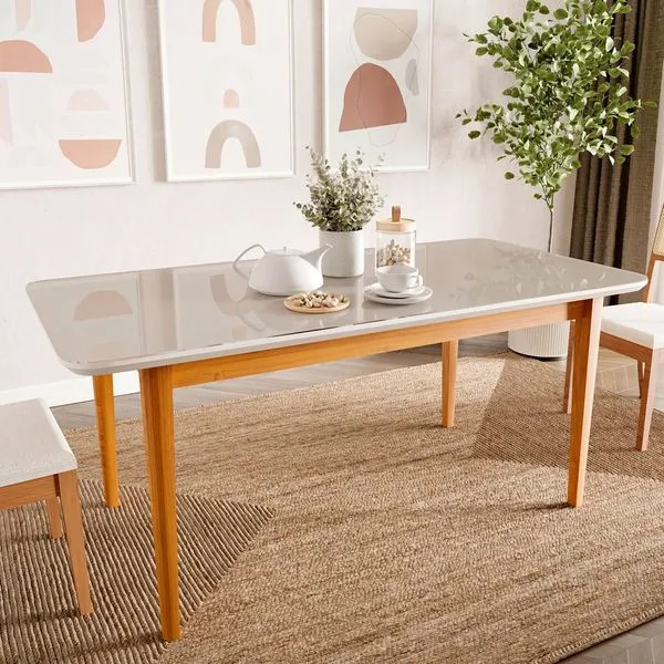 Mesa de Jantar 8 Lugares 210cm com Tampo MDF e Vidro Tangará CabeCasa MadeiraOriginals Caramelo/Off White