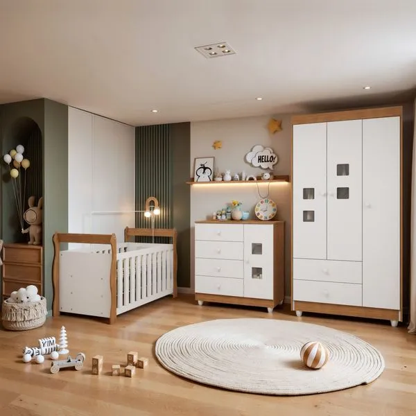 Quarto de Bebê Completo com Guarda-Roupa Berço e Cômoda Bibi Amadeirado/Branco