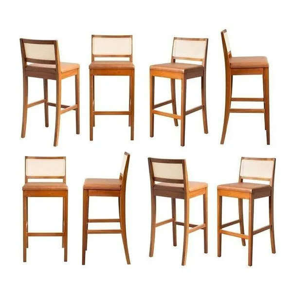 Kit 8 Banquetas com Encosto e Apoio para Pés Tiê CabeCasa MadeiraOriginals Amêndoa/Caramelo