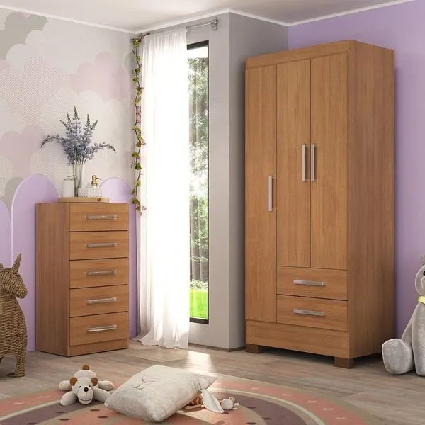 Quarto Infantil Completo Guarda-roupa 3 Portas 2 Gavetas com Cômoda 5 Gavetas Amy Espresso Móveis Cinamomo