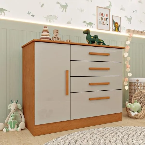 Cômoda Infantil 1 Porta 4 Gavetas 104cm Harmonia Espresso Móveis Cinamomo/ Off White