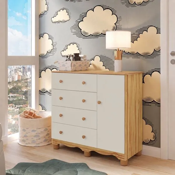 Cômoda Infantil 1 Porta 4 Gavetas 100% MDF Mimo Espresso Móveis OFF-WHITE/AMÊNDOA