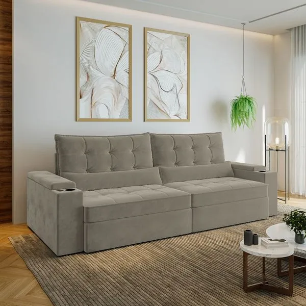 Sofá Retrátil Reclinável 4 Lugares 280cm Porta Copos e USB Embaúba Extra CabeCasa MadeiraOriginals Cinza Claro Fosco Cinza Claro Fosco