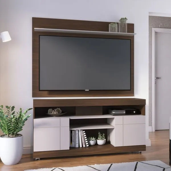 Rack com Painel para TV até 55 Polegadas 136cmx169cm 2 Portas Yara Maia Marrom Nogueira Real/Off White Nogueira Real/Off White