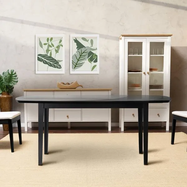 Mesa Oval 6 Lugares 1,6m Tampo Vidro e MDF Tiê CabeCasa MadeiraOriginals Preto