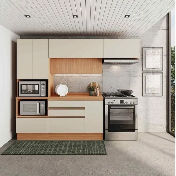 Cozinha Modulada 4 Peças com Armários, Balcão e Torre Quente Aroeira CabeCasa MadeiraOriginals Cinza Sereno