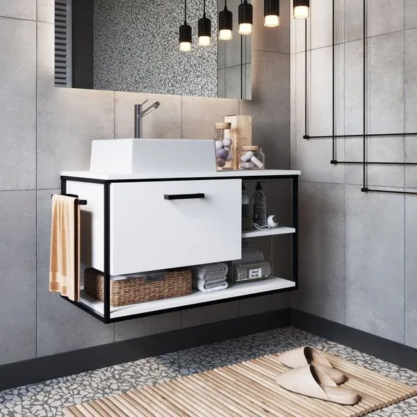 Gabinete Suspenso para Banheiro 80cm com Cuba Preto/Branco