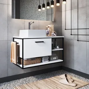 Gabinete Suspenso para Banheiro 80cm com Cuba Preto/Branco