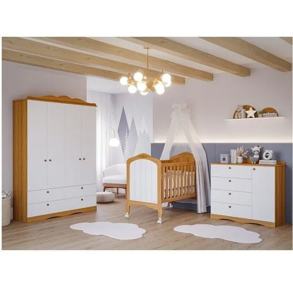 Quarto de Bebê 3 Peças com Berço e Cômoda 4 Gavetas e Guarda-roupa 4 Portas 4 Gavetas Aquarela Espre Nature/Branco