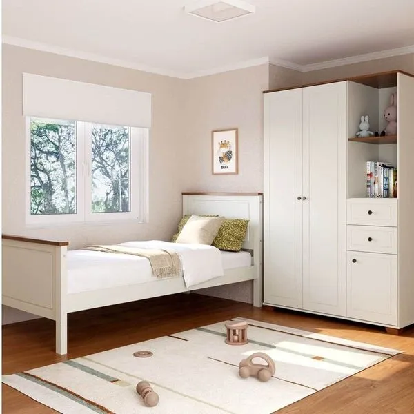 Quarto Juvenil Funcional Cama Solteiro e Guarda Roupa Ananda Casatema Off White/Mel