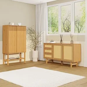 Ki Buffet 2 Portas 3 Gavetas Rattan com Cristaleira Porta Ripada Magna CabeCasa MadeiraOriginals Mel