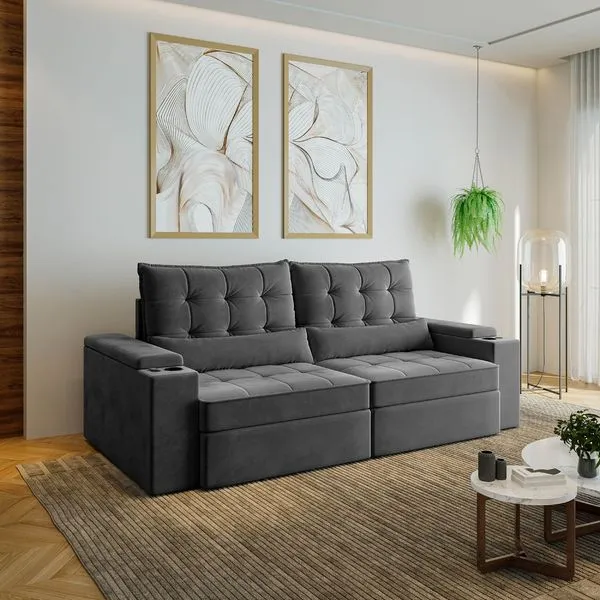 Sofá Retrátil Reclinável 4 Lugares 240cm Porta Copos e USB Embaúba Extra CabeCasa MadeiraOriginals Cinza Diamante Cinza Diamante