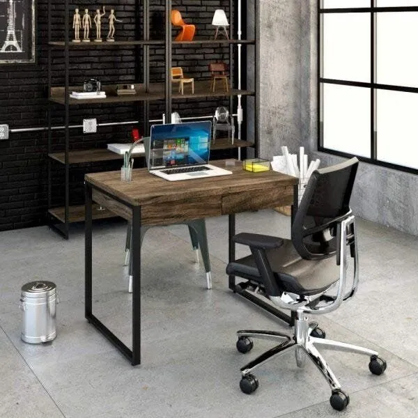 Escrivaninha Mesa Escritório Kuadra 2 Gavetas 90cm Industrial Carvalho Dark Carvalho Dark