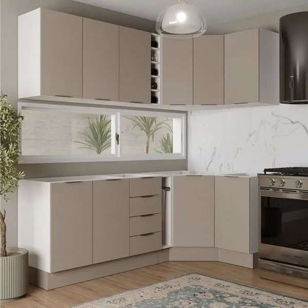 Cozinha Modulada 8 Peças sem Tampo com Rodapé 4 Aéreos e 4 Balcões Ipanema CabeCasa MadeiraOriginals Fendi Trama