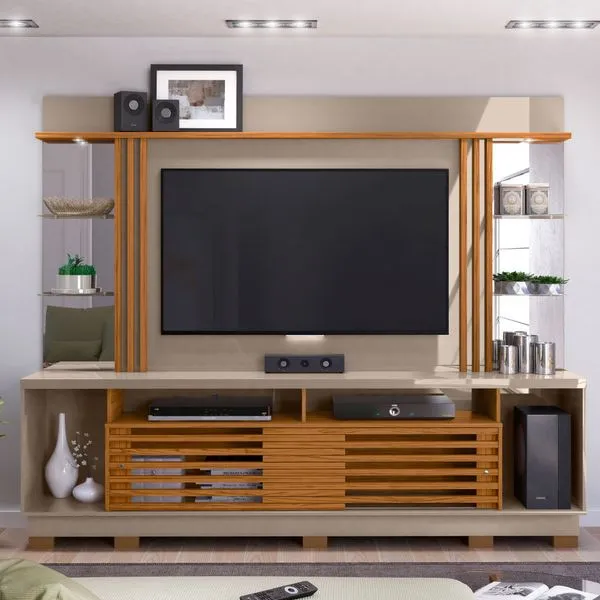 Rack com Painel Frizz Gold p/TV de até 55"e Pés - Natural/Cinza