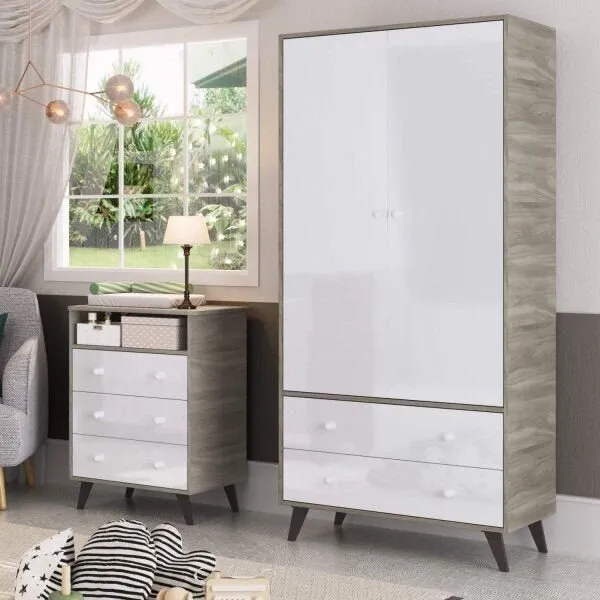 Guarda-Roupa de Bebê 2 Portas 2 Gavetas Retrô Fresno/Branco