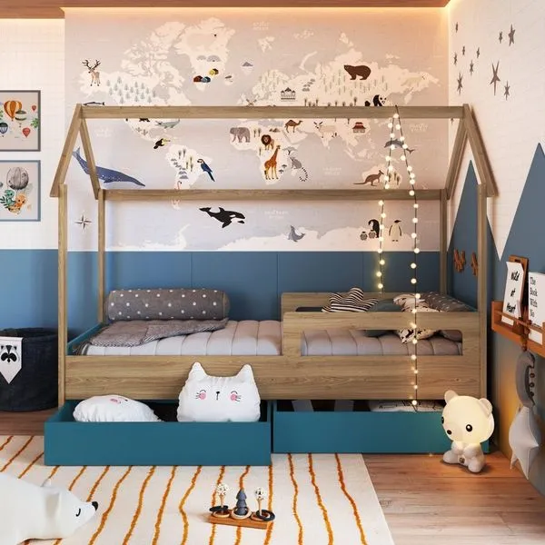 Cama Infantil Montessoriana com Gavetões Inferiores Aveiro Oak/Azul Secreto