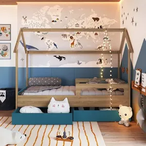 Cama Infantil Montessoriana com Gavetões Inferiores Aveiro Oak/Azul Secreto