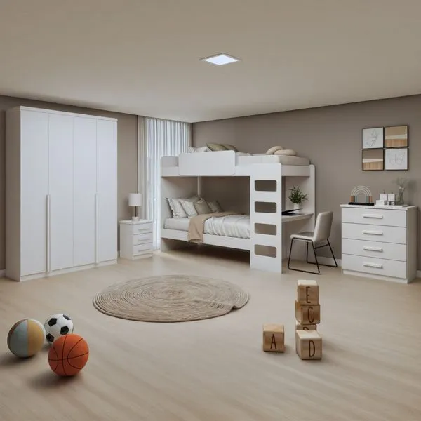 Quarto Infantil com Beliche Olga Cômoda e Criado Baião e Guarda-roupa Alonzo Branco