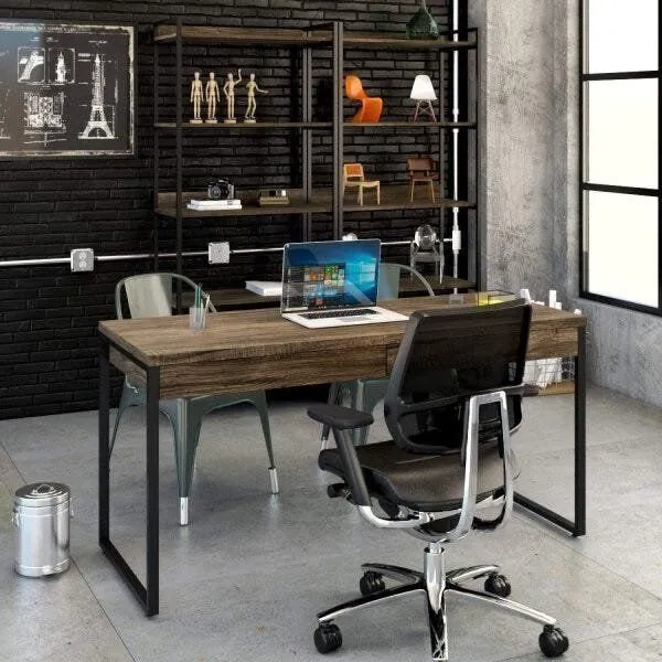 Escrivaninha Mesa Escritório Kuadra 2 Gavetas 150cm Industrial Carvalho Dark Carvalho Dark