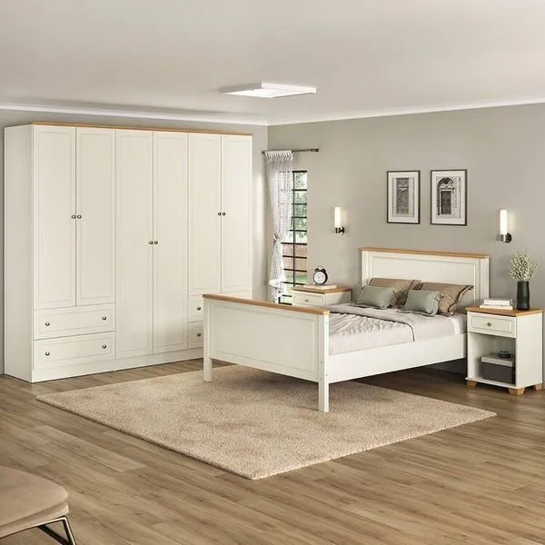 Conjunto Cama Casal, Guarda-Roupa 6 Portas 2 Mesas de Cabeceira Ananda CabeCasa MadeiraOriginals Off White/Mel