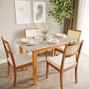 Mesa com 4 Cadeiras Madeira Maciça Tampo Mdf e Vidro Tangará Tiê Cabecasa Madeiraoriginals Caramelo/Off White e Amêndoa/Bege claro