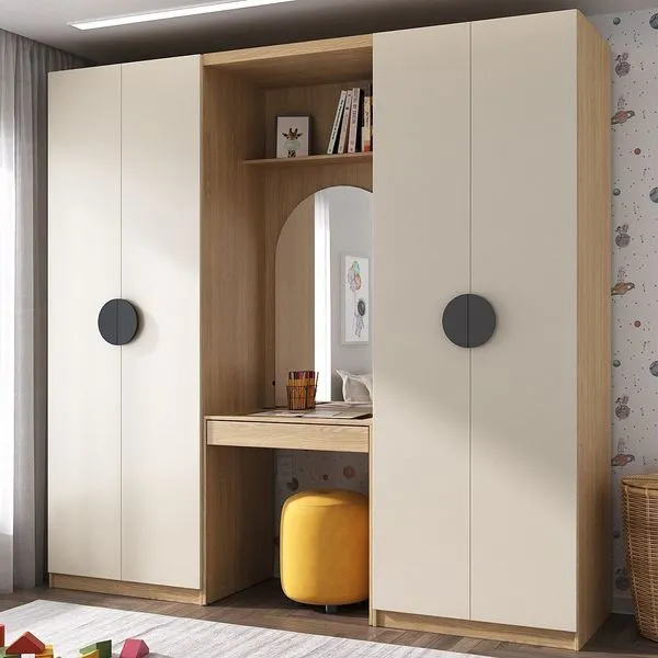 Guarda-Roupa Modulado Infantil 3 Peças 4 Portas com Espelho e LED Joy Kids CabeCasa MadeiraOriginals Cinza/Avena