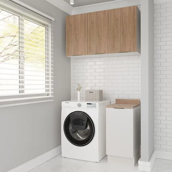 Lavanderia Modulada 2 Peças 1 Armário Aéreo 3 Portas 1 Balcão Ipanema CabeCasa MadeiraOriginals Branco/Acácia