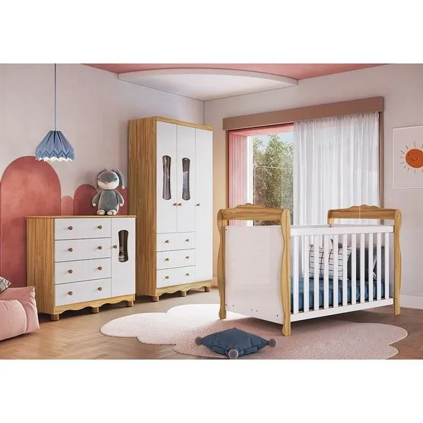 Quarto de Bebê Berço 3 em 1, Guarda-roupa e Cômoda com Janelas 100% MDF Aurora Espresso Móveis Branco Brilho/Amêndoa