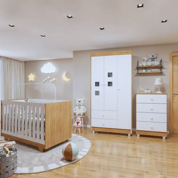 Quarto de Bebê 100% MDF Berço Minicama com Colchão, Cômoda e Guarda Roupa 3 Portas Life Branco/Ypê