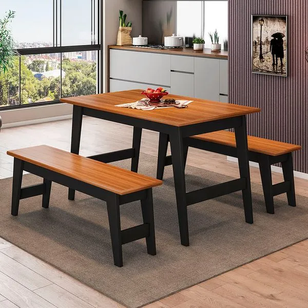 Conjunto Mesa com 2 Bancos Turquia - Chumbo/Natural