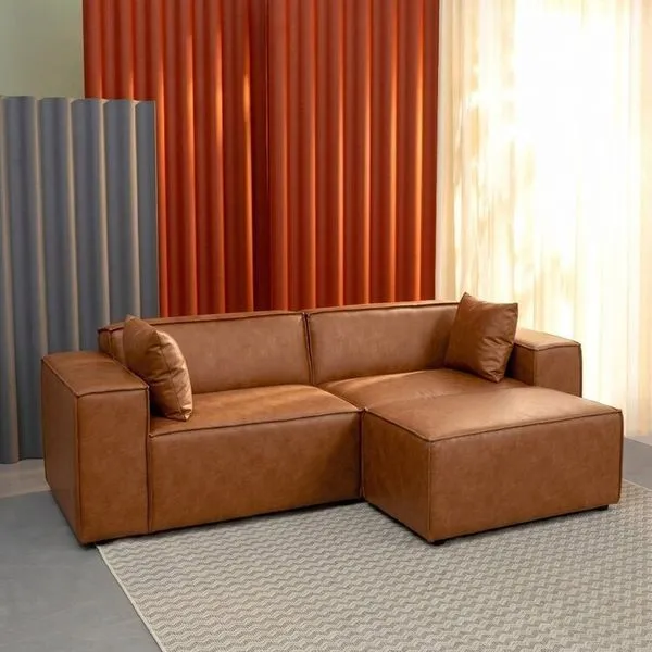 Conjunto Sofá 220cm e Puff 80cm Baobá CabeCasa MadeiraOriginals Courino Coffee