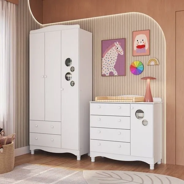 Conjunto para Quarto Infantil com Guarda-roupa e Cômoda Trocador Encanto Branco