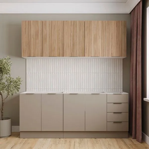 Cozinha Modulada 4 Peças sem Tampo com Rodapé 2 Aéreos 2 Balcões Ipanema CabeCasa MadeiraMadeira Fendi Trama/Acácia