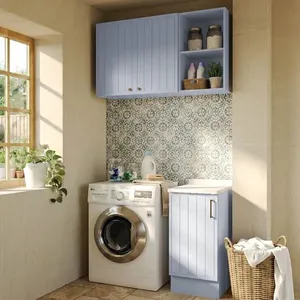 Lavanderia Modulada 3 Peças 1 Aéreo 1 Balcão com Tampo 1 Nicho 40cm Marselha CabeCasa MadeiraOriginals Azul Sereno