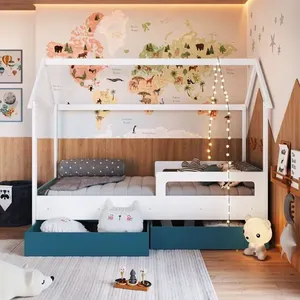 Cama Infantil Montessoriana com Gavetões Inferiores Branco/Azul Secreto