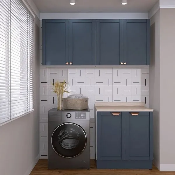 Lavanderia Modulada 3 Peças 2 Armários Aéreos 4 Portas 1 Balcão Arizona CabeCasa MadeiraOriginals Azul/Branco