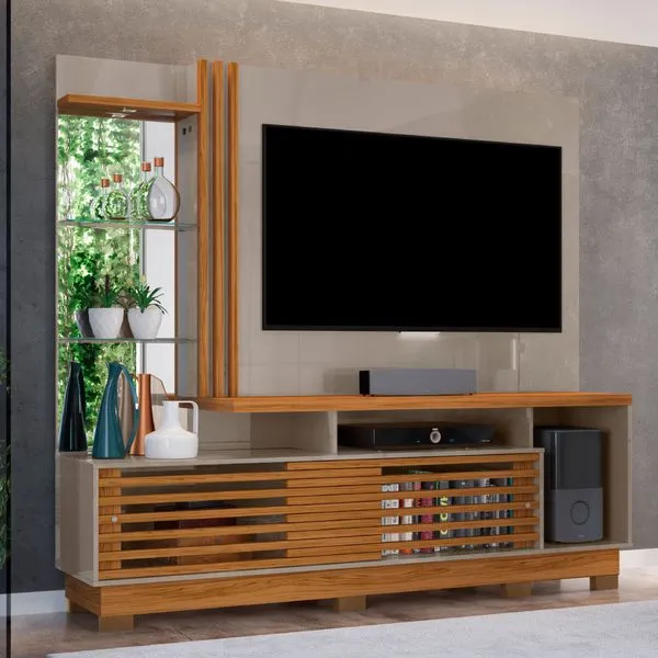 Rack com Painel Frizz Plus p/TV de até 60"e Pés - Natural/Cinza