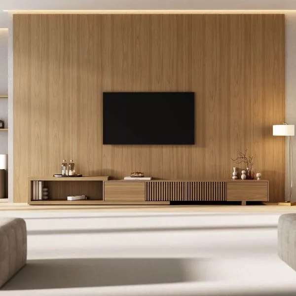 Rack com Painel Ripado Extensível para TV até 86 Polegadas 360cmx250cm Aruá CabeCasa MadeiraOriginals Marrom Jatobá Jatoba