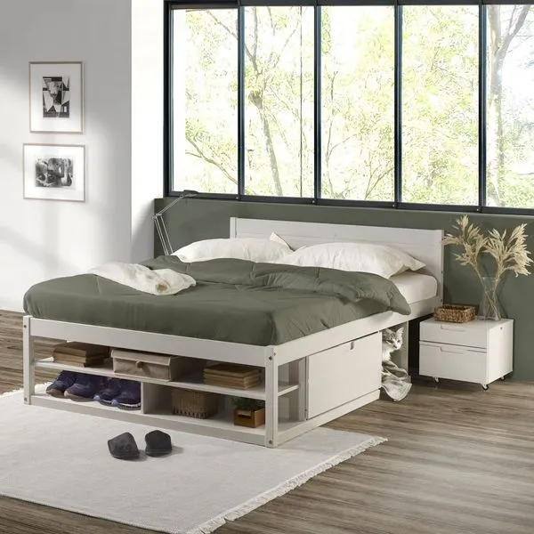 Cama Casal Multifuncional Madeira Maciça Irara CabeCasa MadeiraOriginals Branco Lavado
