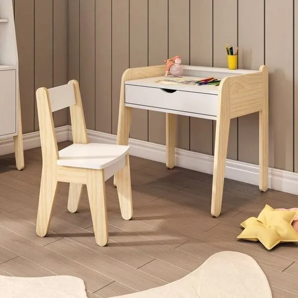 Conjunto Mesa e Cadeira Infantil Corujinha Casatema Branco/Natural