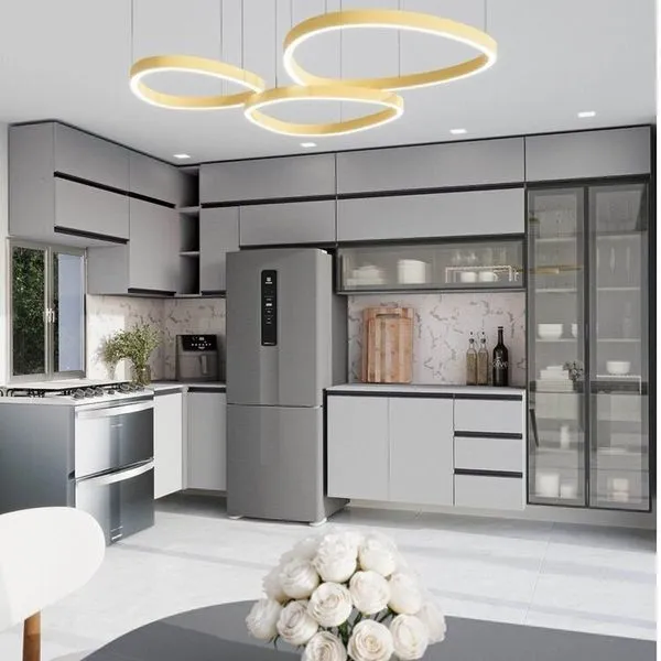 Cozinha Modulada 15 Peças 11 Aéreos 3 Balcões 1 Cristaleira Nara CabeCasa MadeiraOriginals Cinza Claro