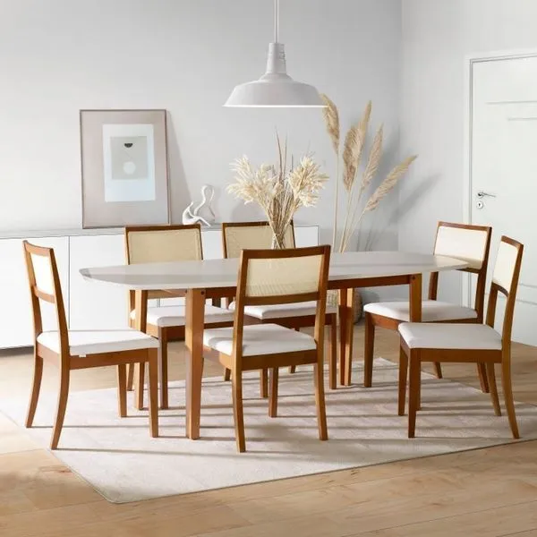 Conjunto Mesa Extensível Oval 6 Cadeiras Madeira Maciça Encosto Telado Tiê CabeCasa MadeiraOriginals Amêndoa/Off White