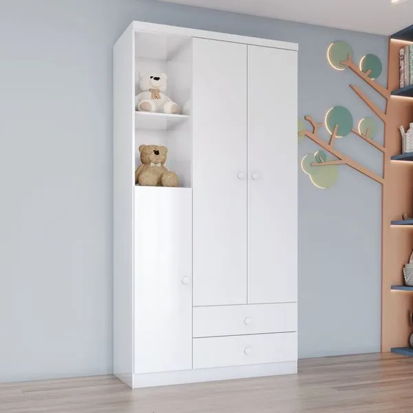 Guarda Roupa Infantil 3 Portas 2 Gavetas 2 Nichos Lápis de Cor Espresso Móveis Branco/Rosa Chá