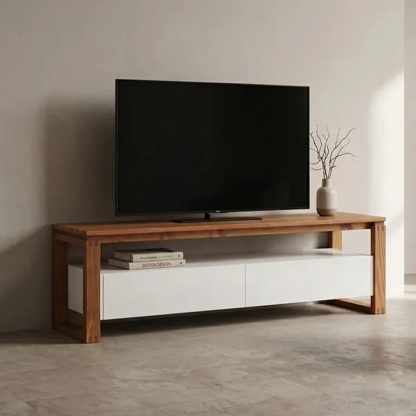 Rack para TV até 60 Polegadas 140cm Pés em Madeira Maciça 2 Gavetas Craft Branco/Garapa Branco/Garapa