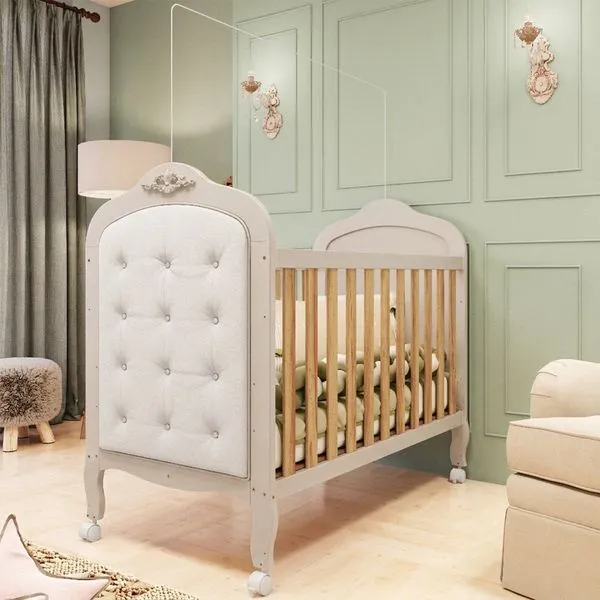 Berço Minicama 3 em 1 com Capitonê 100% MDF Maya Espresso Móveis Off White/Amêndoa/ Branco