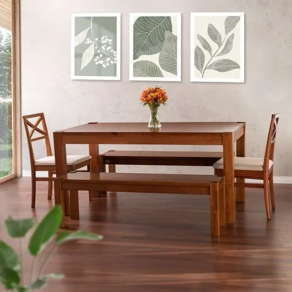Conjunto Primavera Mesa de Jantar Madeira Maciça com 2 Cadeiras e 2 Bancos CabeCasa MadeiraOriginals Marrom