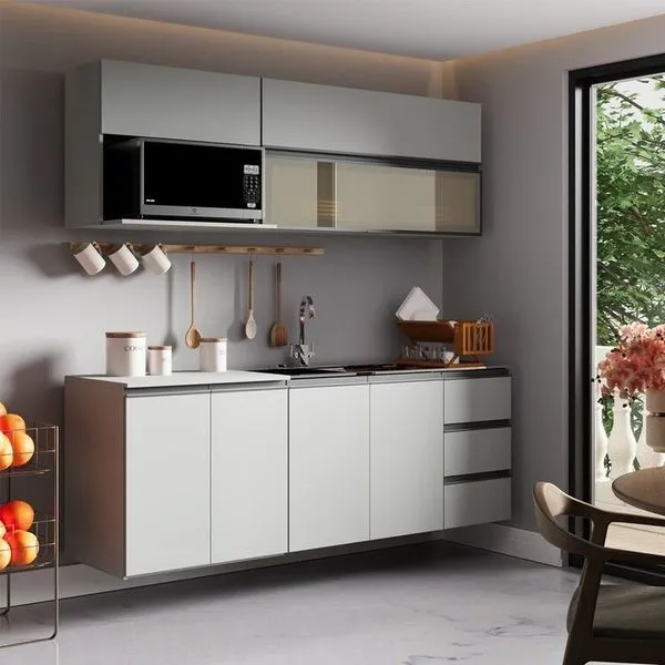 Cozinha Modulada 5 Peças 3 Aéreos 2 Balcões Nara CabeCasa MadeiraOriginals Cinza Claro