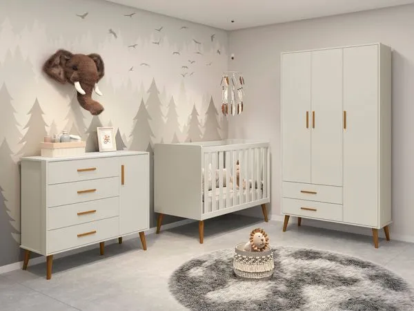 Quarto de Bebê Completo com Guarda Roupa 3 Portas 2 Gavetas, Cômoda 4 Gavetas e Berço Isis Areia