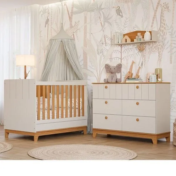 Conjunto Quarto de Bebê 1 Berço 1 Cômoda 6 Gavetas Chantilly Off White / Nature